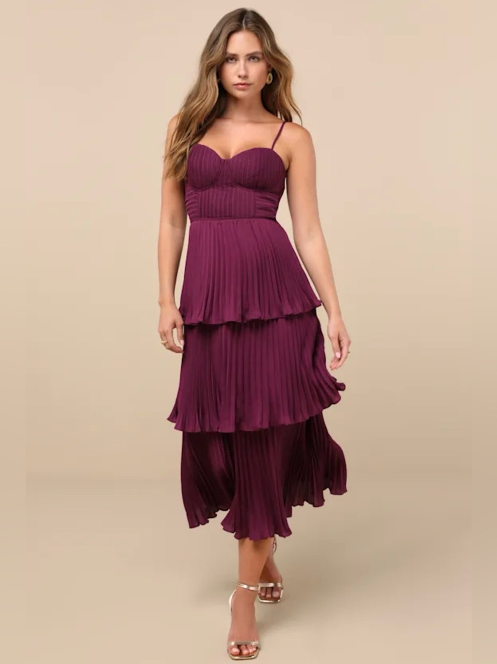Lulus Cascading Crush Tiered Pleated Midi Dress - Picture 2 of 4